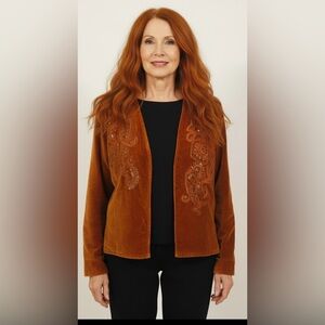 CHICO'S Boho Rust Velvet Cropped Beaded Embroidered Paisley Jacket 1 Small